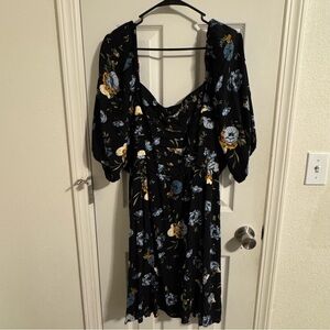 Floral Black Dress with Puff Sleeves